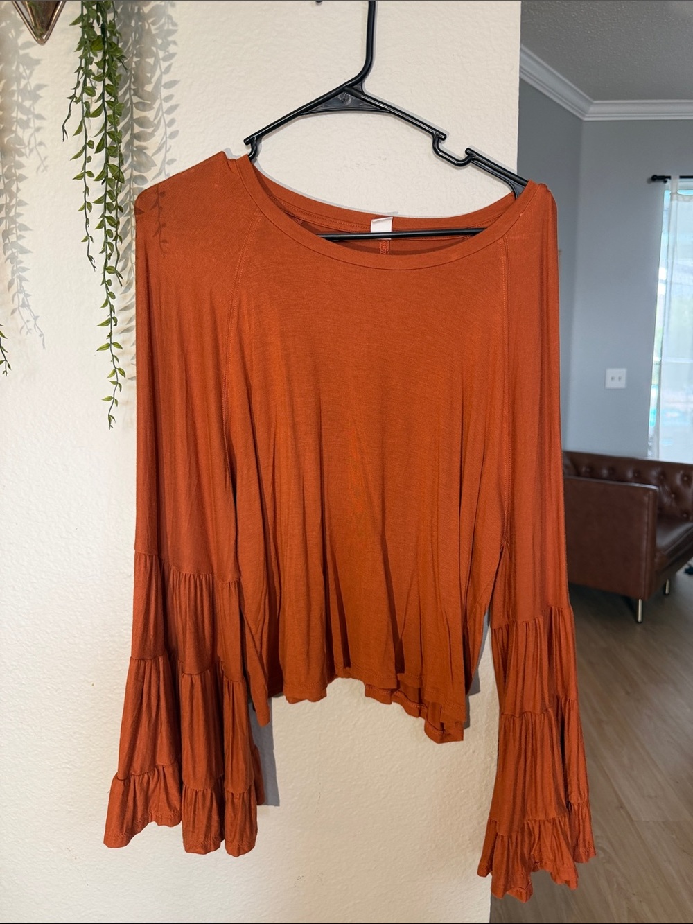 Women's Rust Orange Ruffled Bell Sleeve Top
